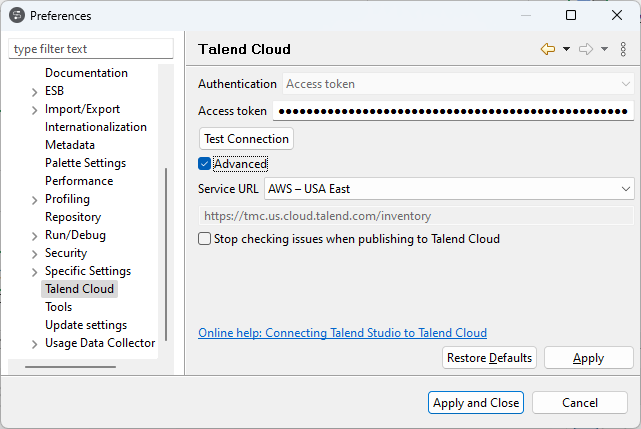 Fenêtre des Préférences avec l'onglet Talend Cloud ouvert.