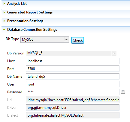 Configuration de la section Database Connection Settings (Paramètres de connexion à la base de données)