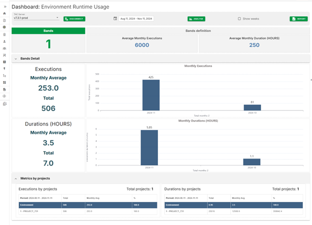 Page Environment Runtime Usage (Utilisation de l'environnement d'exécution).