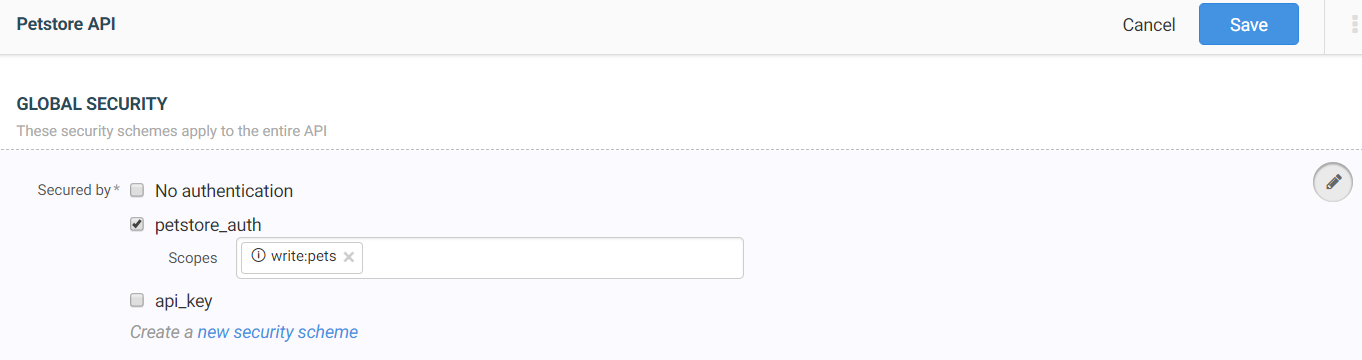 この例では、Petstore APIはpetstore_authによってwrite:petsというスコープで保護されています。