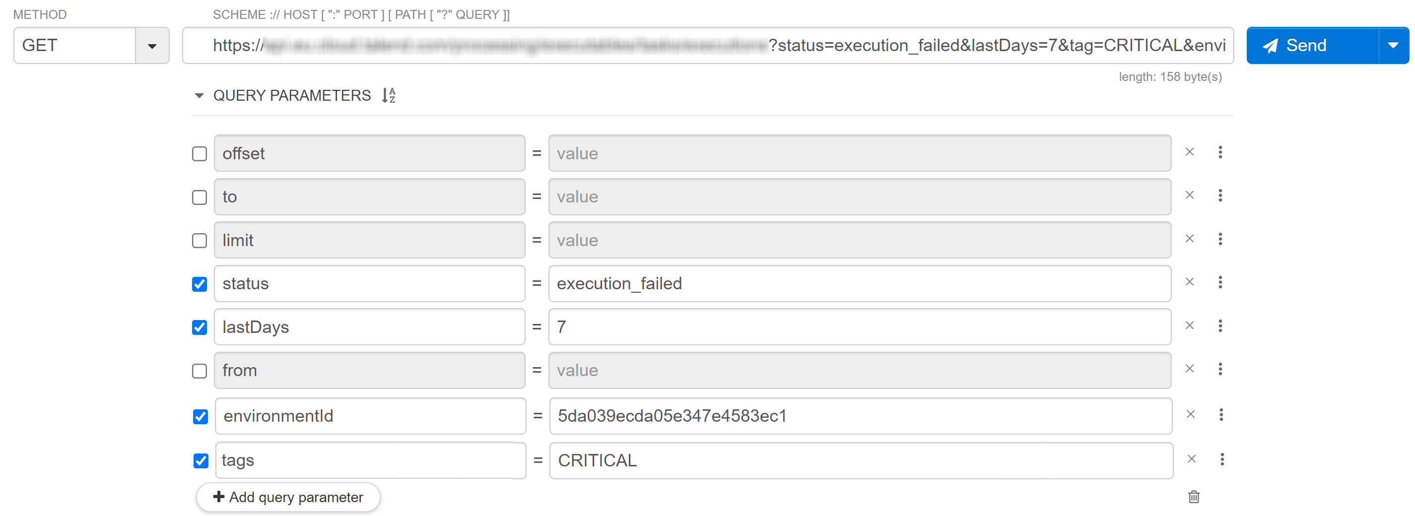 status、lastDays、environmentId、tagsというパラメーターがリクエストのクエリーパラメータで選択されている状態。