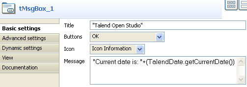 tMsgBoxの[Basic settings] (基本設定)ビュー。