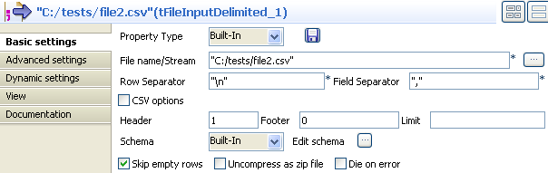 tFileInputDelimitedの[Basic settings] (基本設定)ビュー。