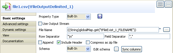 tFileOutputDelimitedの[Basic settings] (基本設定)ビュー。