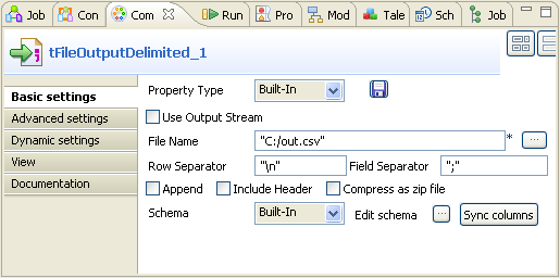 tFileOutputDelimitedの[Basic settings] (基本設定)ビュー。