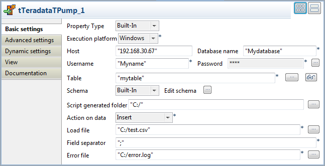 tTeradataTPumpの[Basic settings] (基本設定)ビュー。