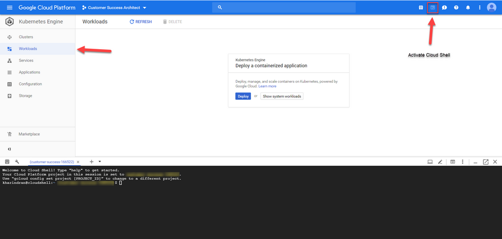 Cloud Shellが有効になったGoogle Cloud PlatformのWorkloadsタブのスクリーンショット。