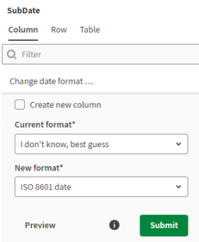 テーブルファンクションリストで、[Change Date Format...] (日付形式を変更…)が選択されている状態。