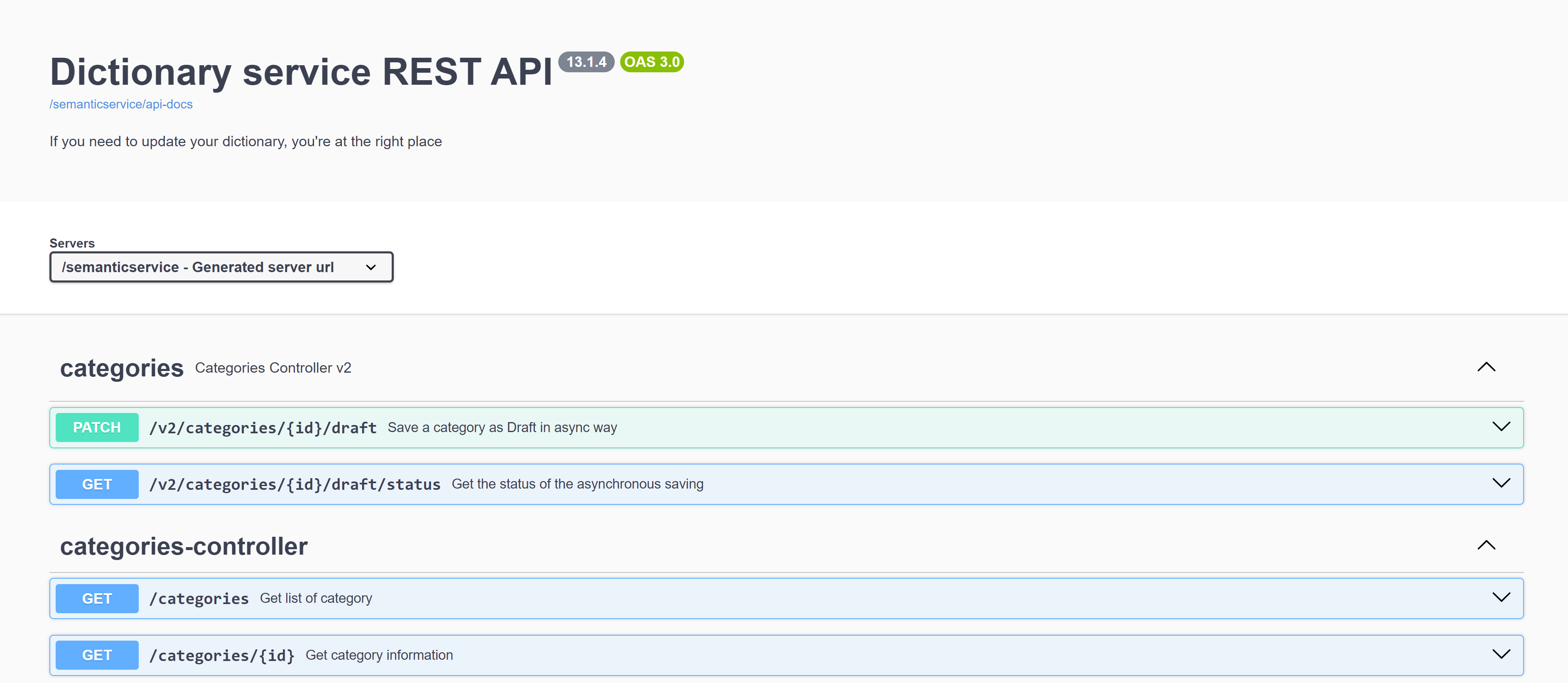 [Talend Dictionary Service REST APIのカテゴリーと操作]のドキュメンテーション。