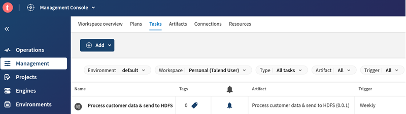 Talend Management Consoleの管理ページに、公開されたアーティファクトに基づくタスクが作成されています。