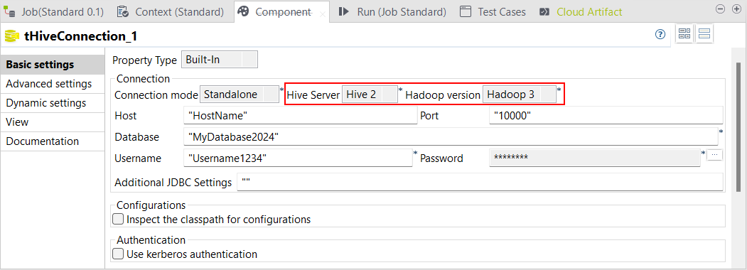 tHiveConnectionの[Basic settings] (基本設定)ビューで、Hive ServerパラメーターとHadoop versionパラメーターが強調表示されている状態。