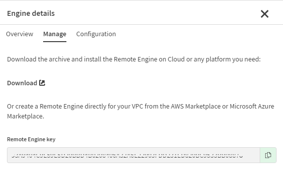 [Engine details] (エンジンの詳細)ウィンドウに表示されるRemote Engineの事前承認キーのスクリーンショット。