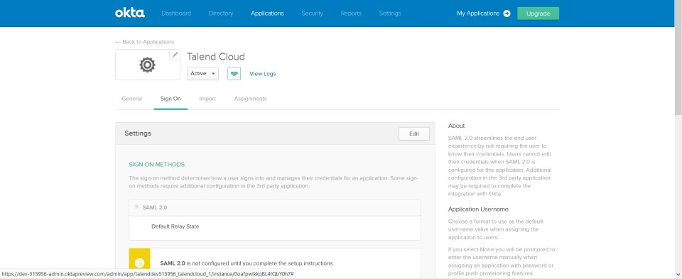 OktaでTalend Cloudアプリがされた状態。