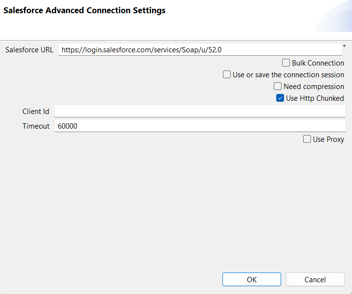 [Salesforce Advanced Connection Settings] (Salesforce詳細接続設定)ダイアログボックス。