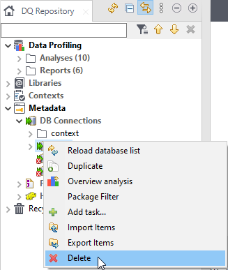 [プロファイリング]パースペクティブからのDB接続のコンテキストメニュー。