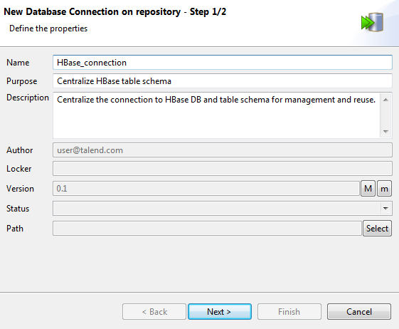 [New Database Connection on repository - Step 1/2] (リポジトリーでの新しいデータベース接続 - ステップ1/2)ダイアログボックスに一般的なプロパティが表示されている状態。