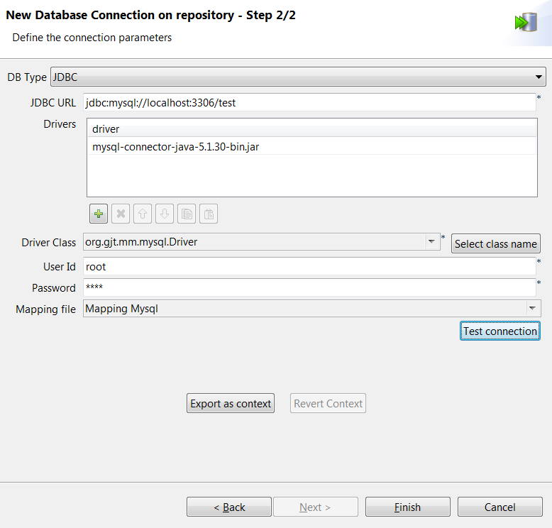 JDBCを伴う[New Database Connection on repository - Step 2/2] (リポジトリーでの新しいデータベース接続 - ステップ2/2)ダイアログボックス