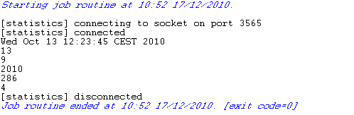 結果は、[Run] (実行)ビューでWed Oct 13 12:23:45 CEST 2010、そして13、9、2010、286、4となります。