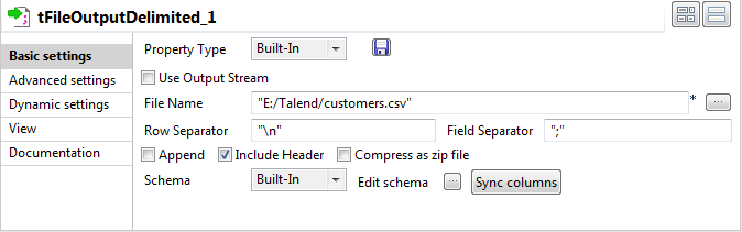 tFileOutputDelimitedコンポーネントの[基本設定]ビュー。