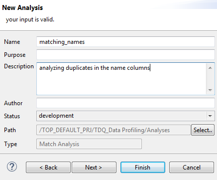 分析名がmatching_names、説明がanalyzing duplicates in the name columns、ステータスがdevelopmentである[New Analysis] (新しい分析)ダイアログボックスのスクリーンショット。