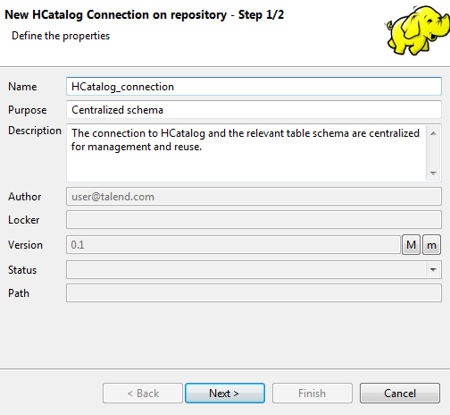 [New HCatalog Connection on repository - Step 1/2] (リポジトリーでの新しいHCatalog接続 - ステップ1/2)ダイアログボックスに一般的なプロパティが表示されている状態。