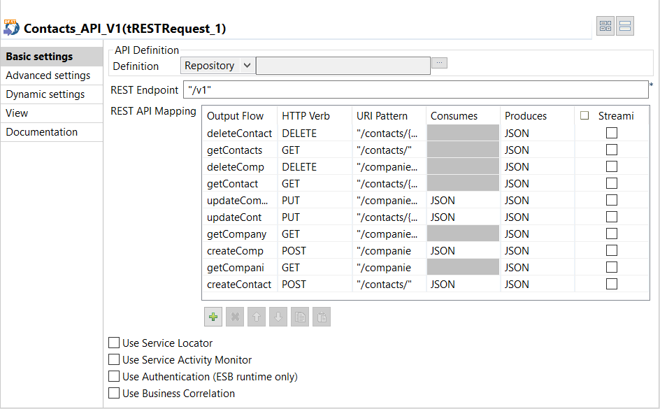 REST APIマッピングを伴うtRESTRequestの[基本設定]ビュー。