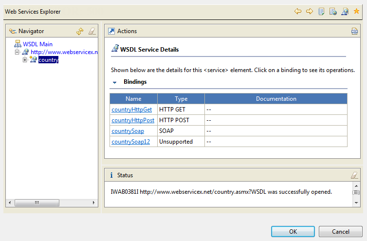 [Web Services Explorer] (Webサービスエクスプローラー)ダイアログボックスで詳細が開かれている状態。