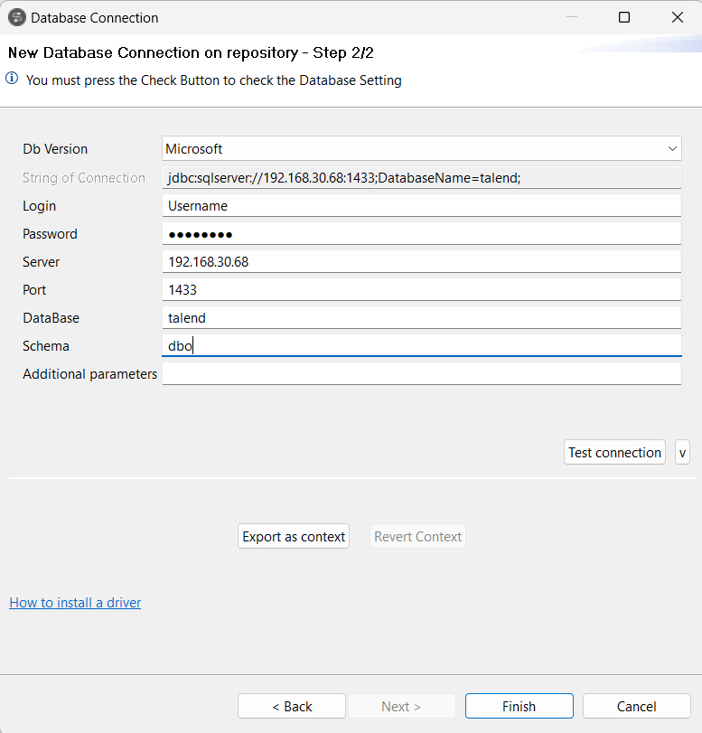 [New Database Connection on repository - Step 2/2] (リポジトリーでの新しいデータベース接続 - ステップ2/2)ダイアログボックス。