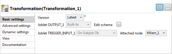 "Transformation"ジョブレットの[Basic settings] (基本設定)ビュー。