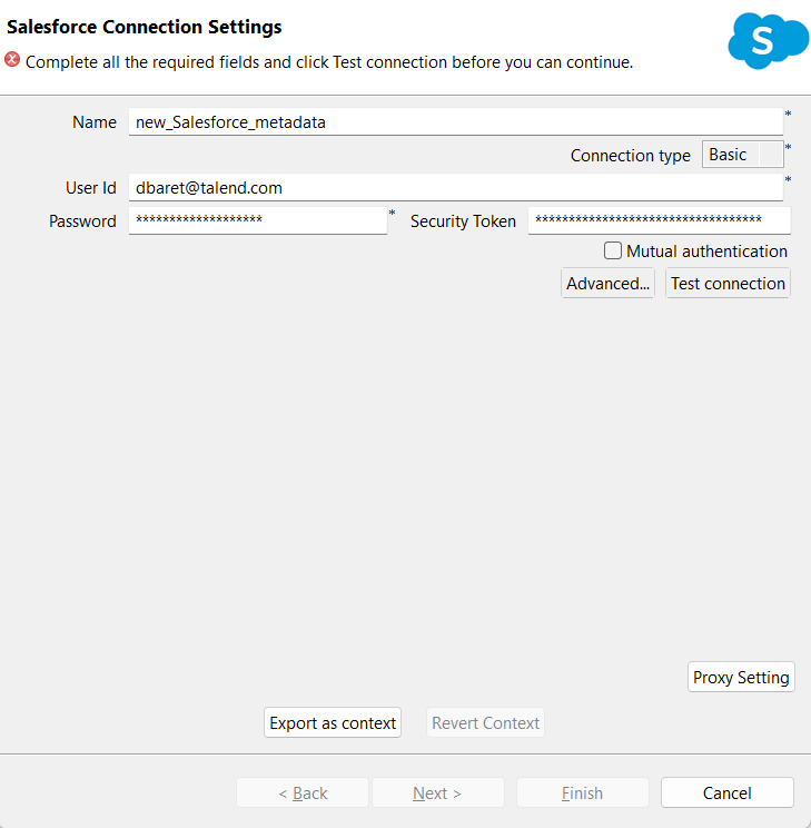 [Salesforce Connection Settings] (Salesforce接続設定)ダイアログボックス。