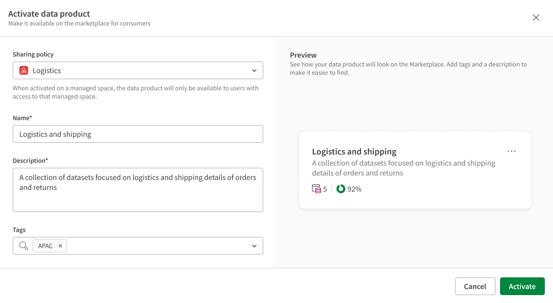 Data product activation menu