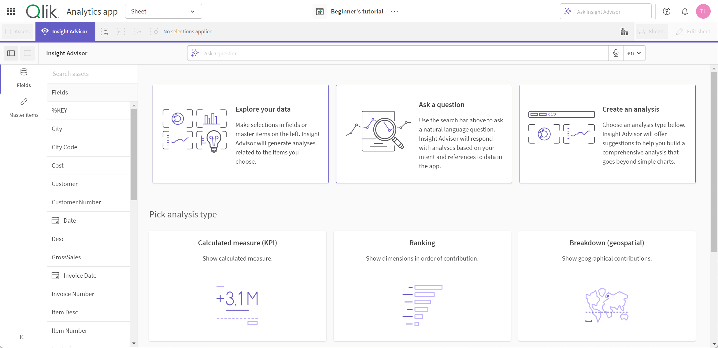 工作表中的 Insight Advisor 打开