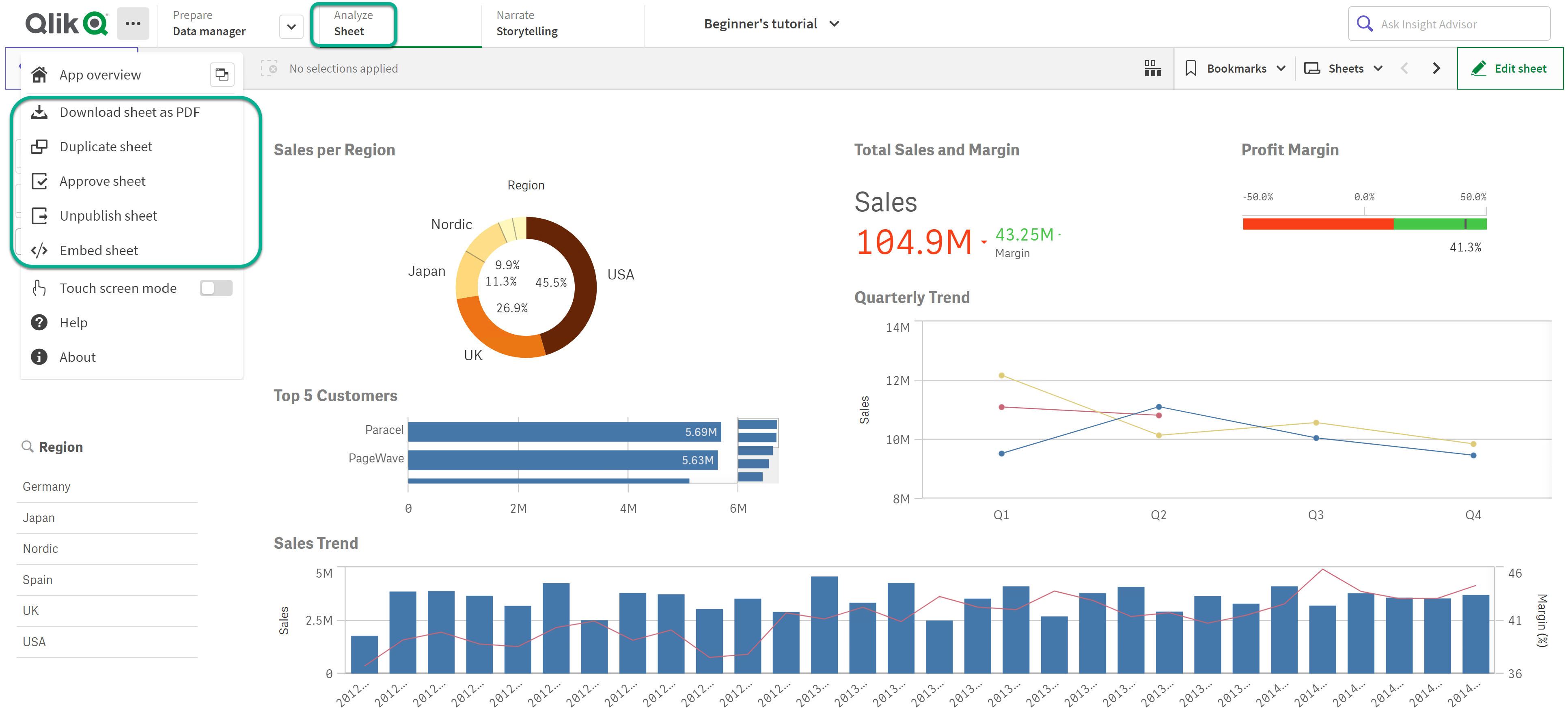 Qlik Sense Enterprise 中工作表的全域功能表。